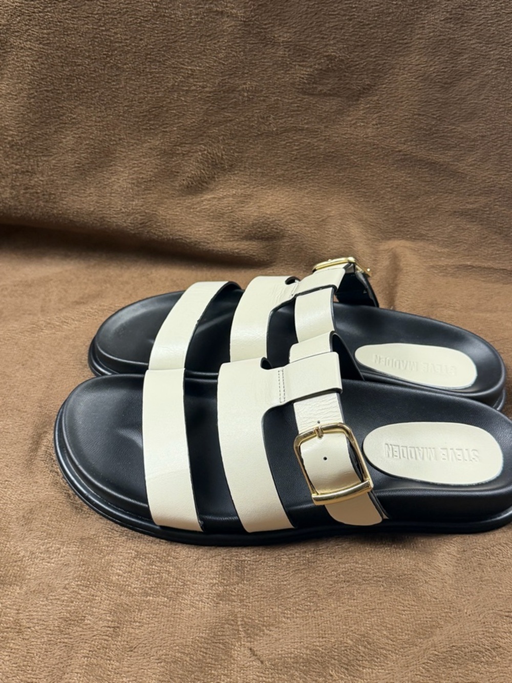 Steve Madden Black and Cream Triple-Strap Buckle Sandals